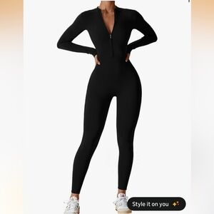 Black Long-Sleeve Zip Front Jumpsuit for Women